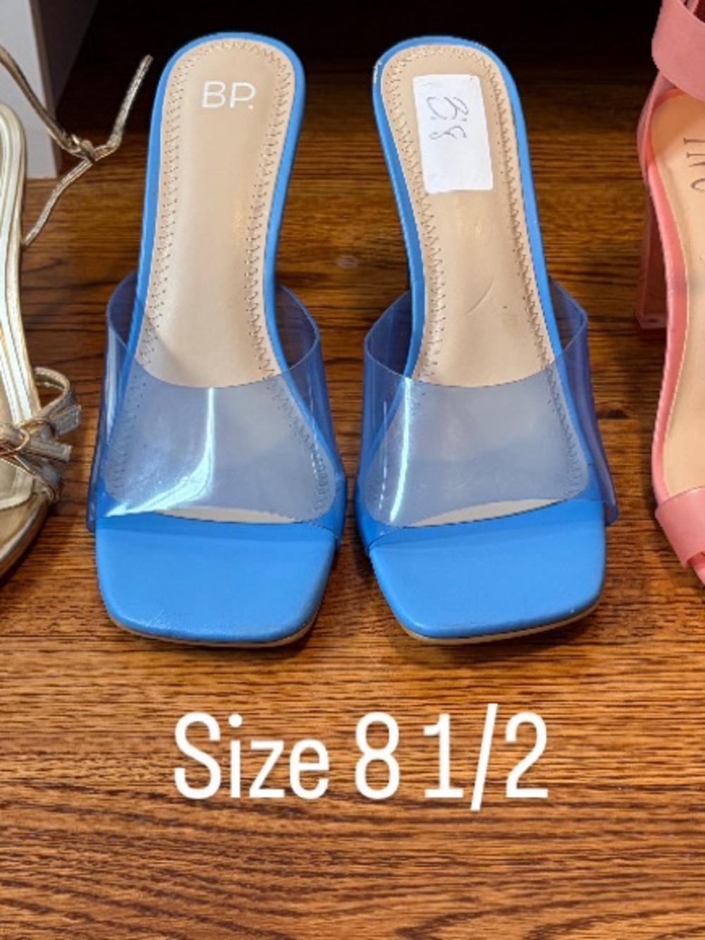 bp Blue Clear Square-Toe Slide Heels